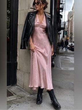 LUSH Romantic Pink Satin Slip Date-night Maxi Dress with Subtle Animal Jacquard